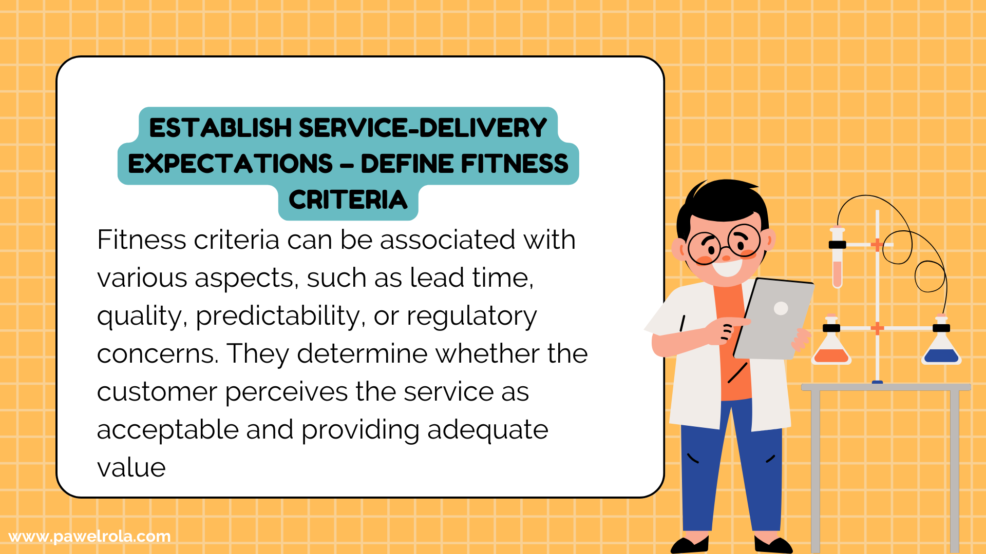 Fitness criteria can be associated with various aspects, such as lead time, quality, predictability, or regulatory concerns. They determine whether the customer perceives the service as acceptable and providing adequate value