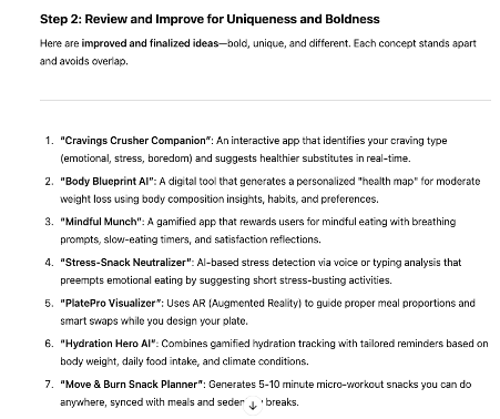 Picture present Chat gpt respond with review the list and determine whether the ideas are different and bold; modify them as needed to make them bolder and more different