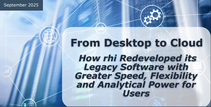 From Desktop to Cloud case study header showing the title of the rhiCOMS Agile redevelopment project on a digital technology background.